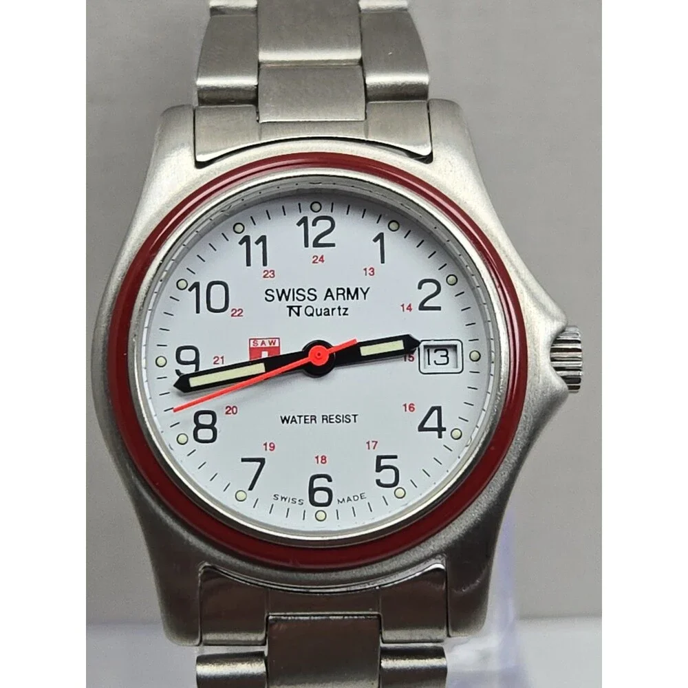Vintage Swiss Army 1759 30mm Quartz Field Watch Red Bezel White Dial New Battery - Picture 4 of 11